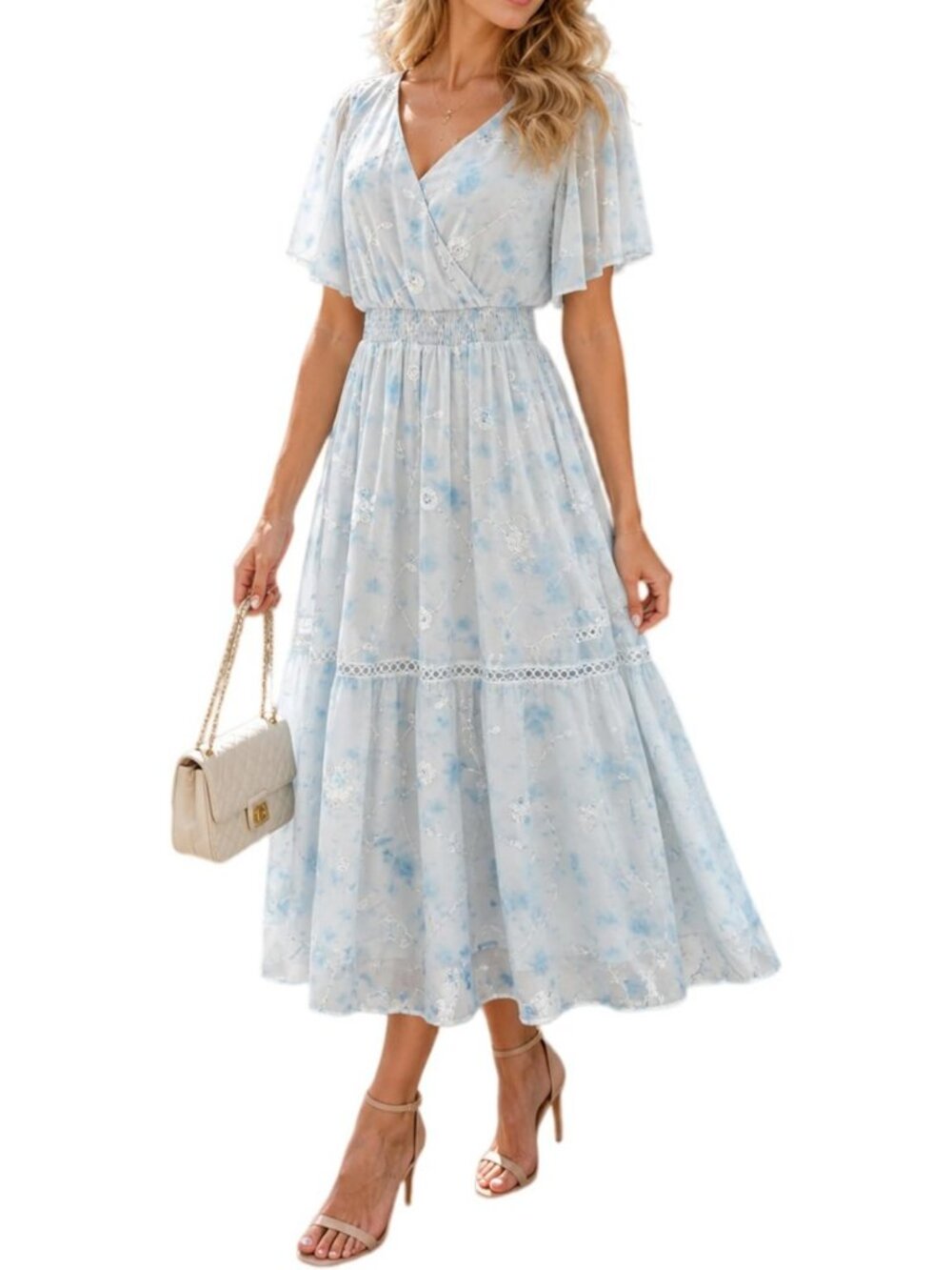 Flutter Sleeve Wrap Dress | V Neck Chiffon, Embroidered, Smocked Waist